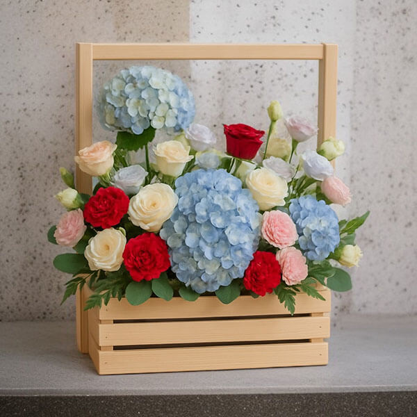 กระเช้าดอกไม้พรีเมี่ยม B010 (Pastel&Red Modern Basket )