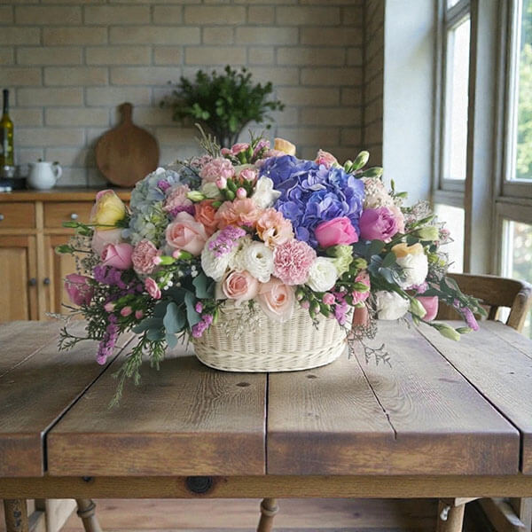 กระเช้าดอกไม้พรีเมี่ยม B010 (Modern Pastel)  ในกระเช้าดีไซน์เก๋