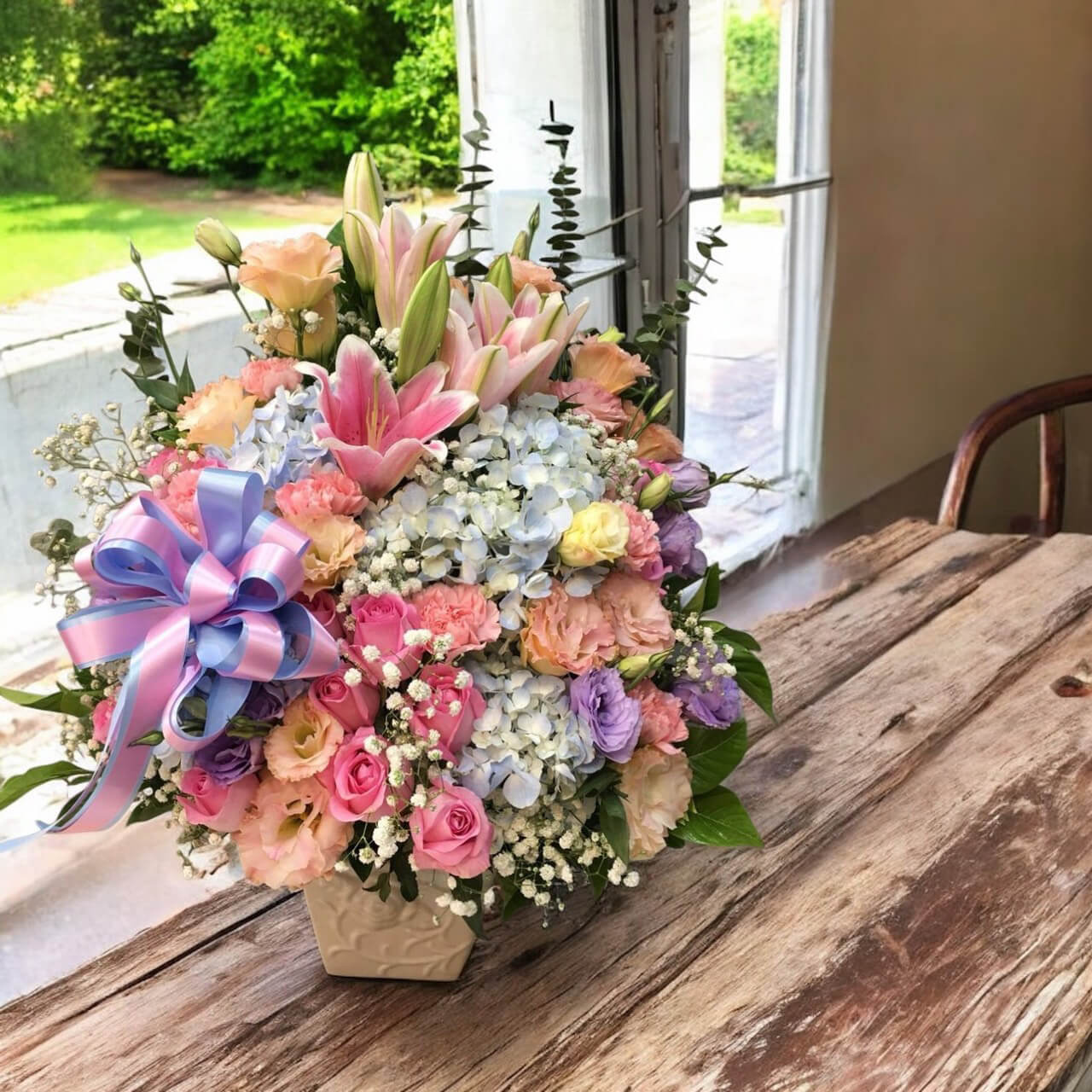 แจกันดอกไม้ “Pastel Dream” – Pink, Peach, Purple & Blue Floral Vase