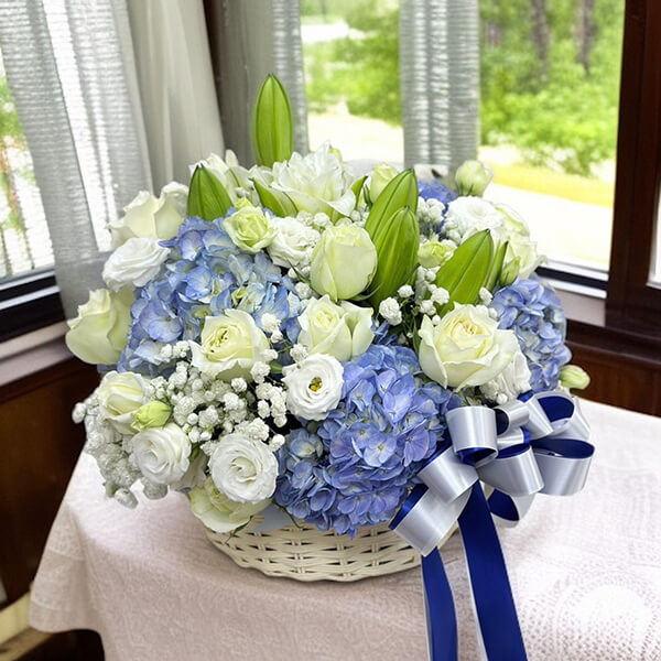 กระเช้าดอกไม้ Blue Elegance Flower Basket – White Roses & Hydrangea Arrangement