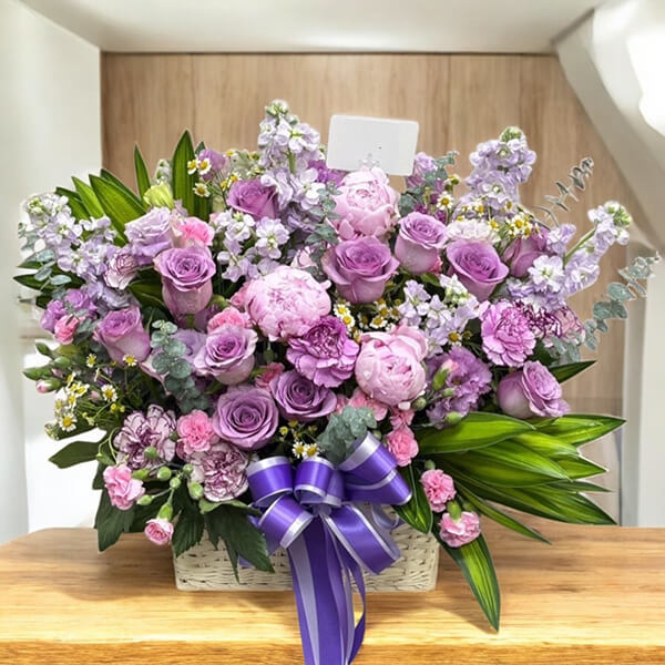 กระเช้าดอกไม้  Purple Charm Flower Basket – Roses & Stock Arrangement
