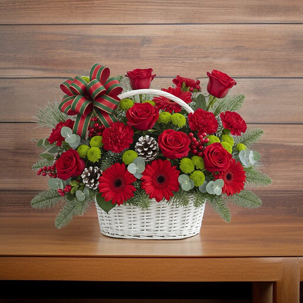 กระเช้าดอกไม้คริสต์มาส "The Winter Evergreen Basket"