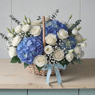 Grand Blessing Mother’s Day Hydrangea & White Rose Luxury Flower Basket