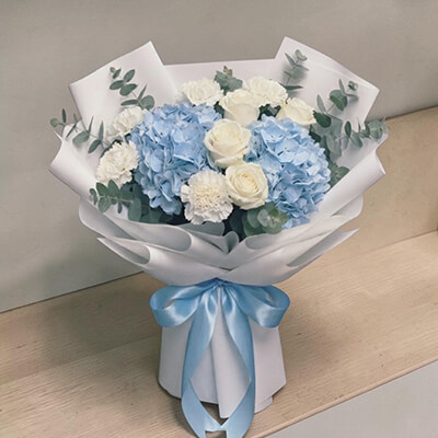 Pure Devotion Mother&rsquo;s Day Hydrangea, Carnation & White Rose Premium Bouquet