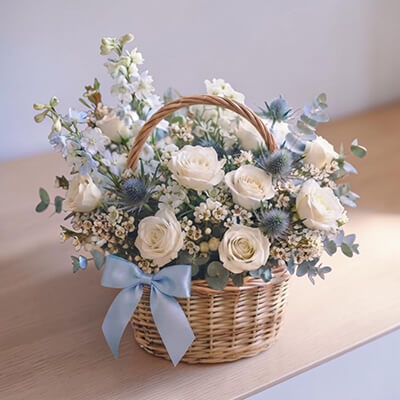 Enchanted Grace Mother’s Day Luxury White Rose & English Garden Flower Basket