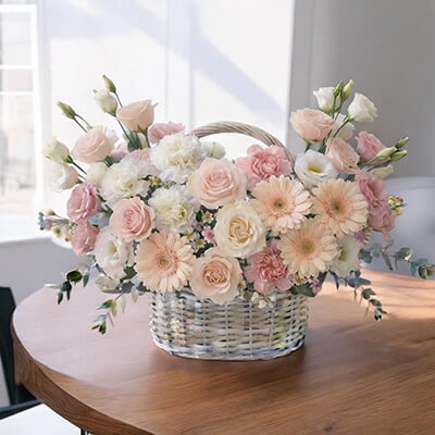 Blossom Warmth Mother’s Day Luxury Pink Peach Rose & Gerbera Flower Basket