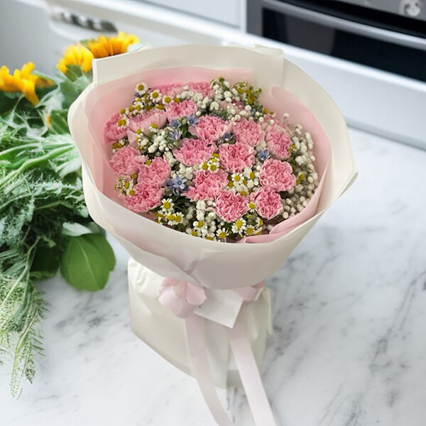 Sweet Devotion Mother’s Day Pink Carnation & Chamomile Premium Bouquet