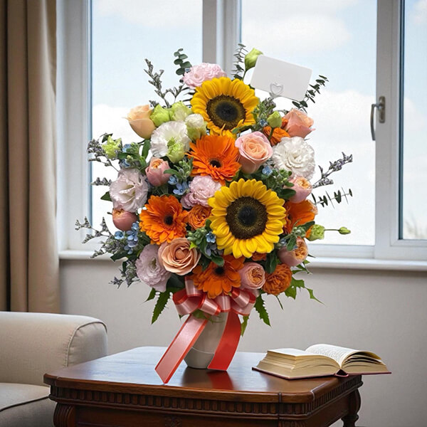 Elegant Sunflower and Gerbera Flower Vase Gift แจกันดอกไม้สดพรีเมียม ดอกทานตะวันและเยอบีร่า